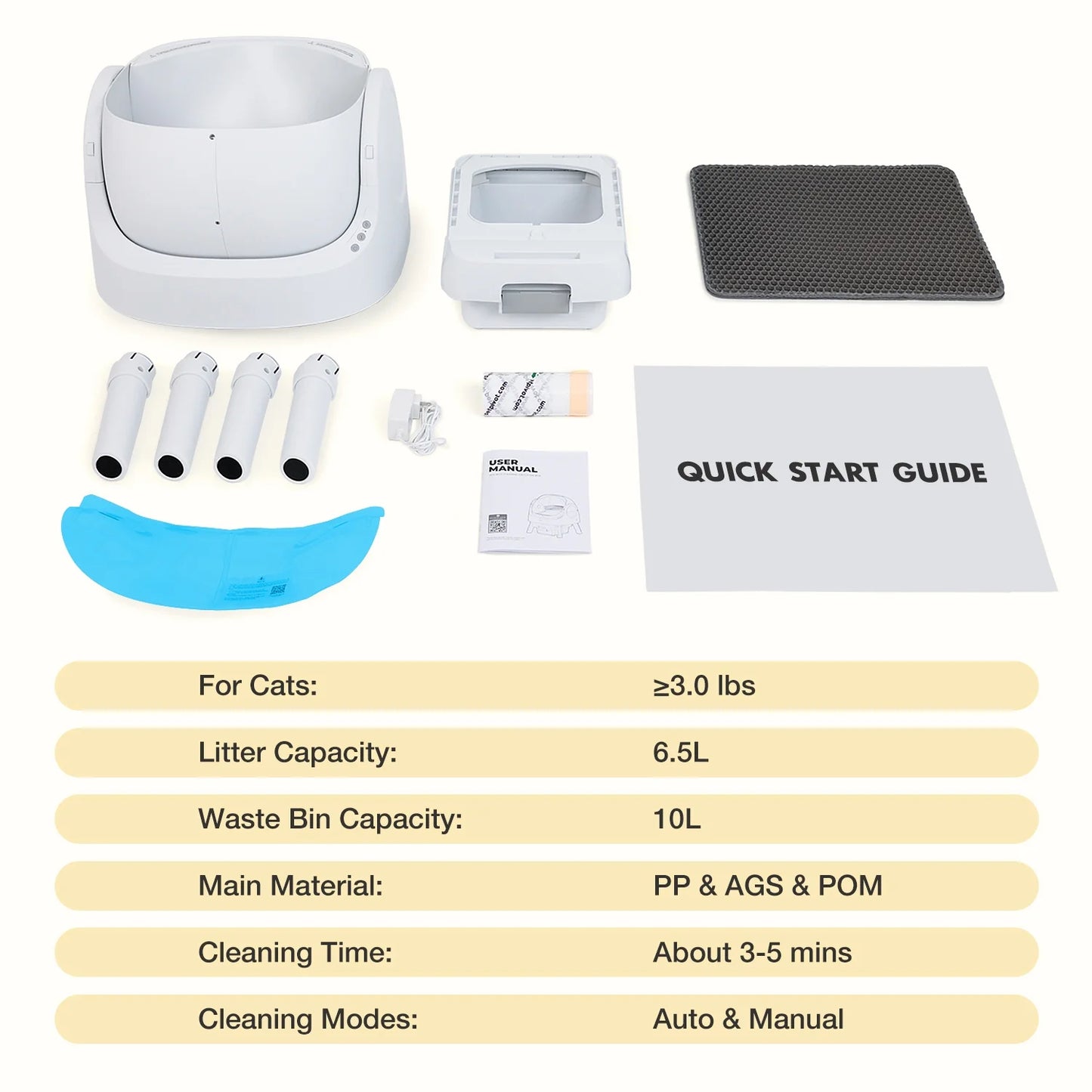 Large Multi-Cat Family Automatic Cat Litter Box with Safety Protection, Mat and Trash Bags Included, White