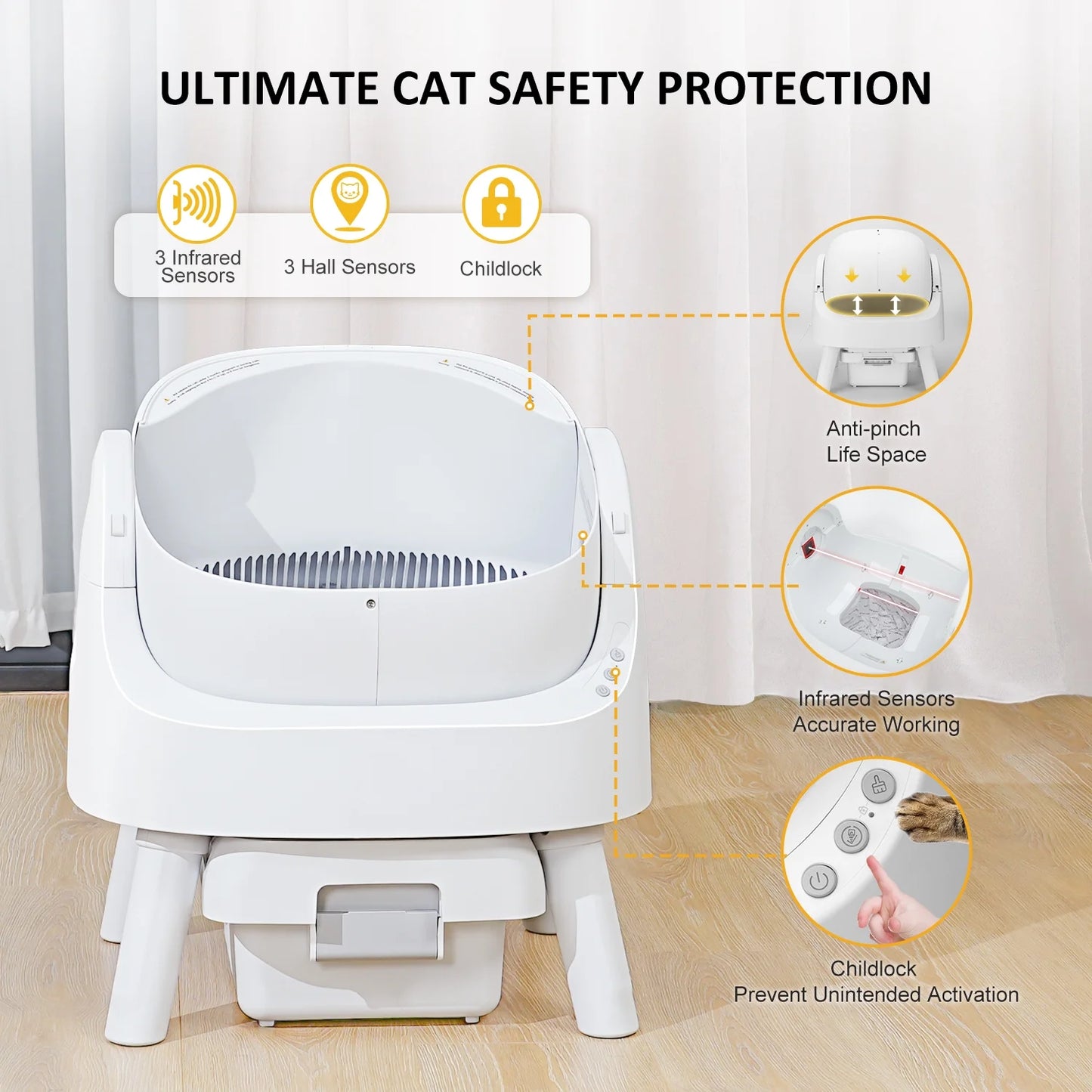 Large Multi-Cat Family Automatic Cat Litter Box with Safety Protection, Mat and Trash Bags Included, White