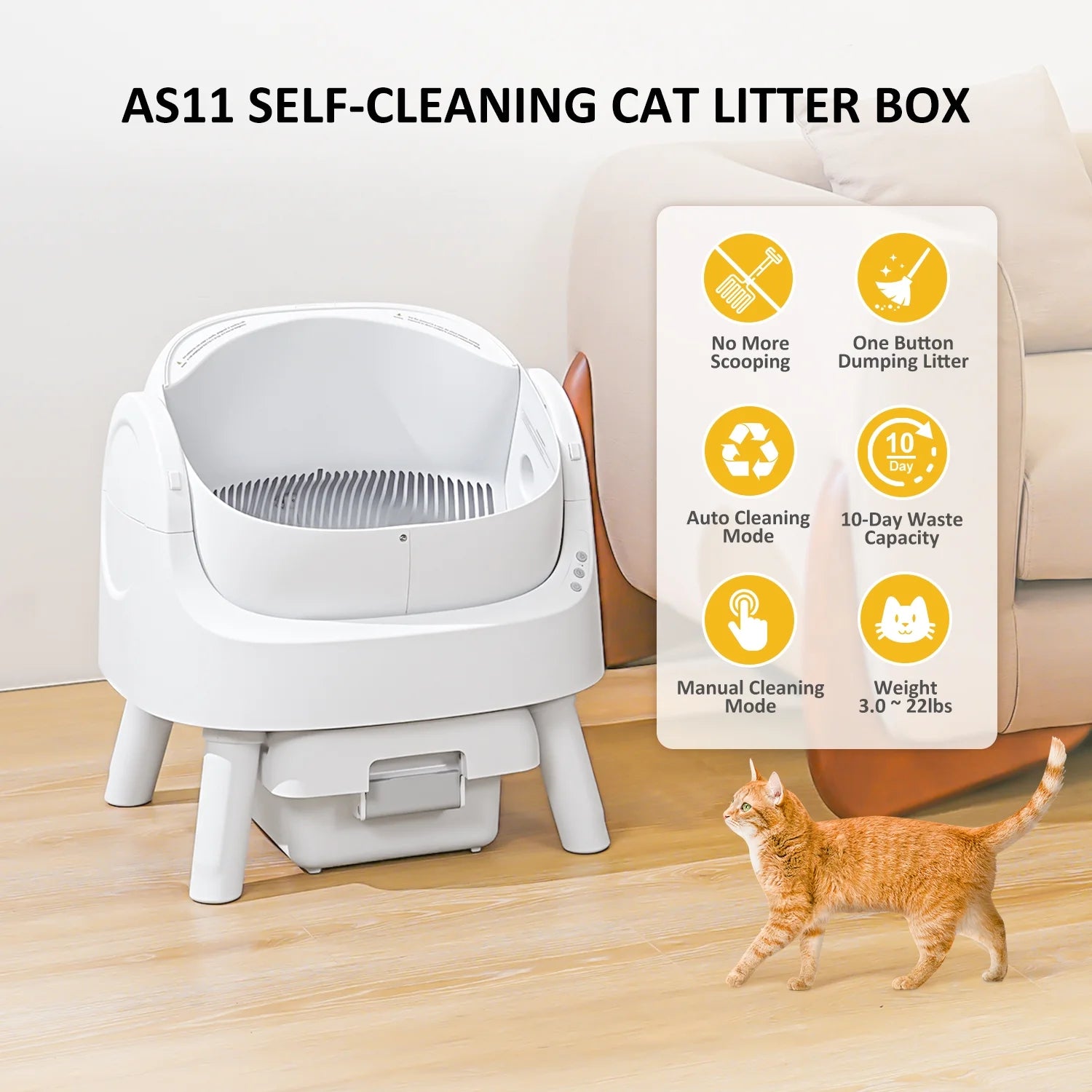 Large Multi-Cat Family Automatic Cat Litter Box with Safety Protection, Mat and Trash Bags Included, White