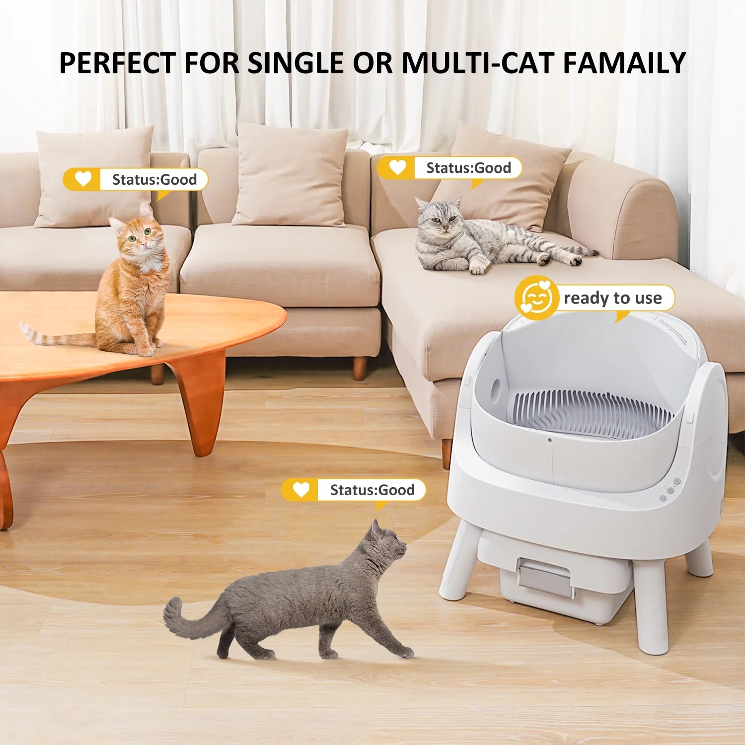 Large Multi-Cat Family Automatic Cat Litter Box with Safety Protection, Mat and Trash Bags Included, White